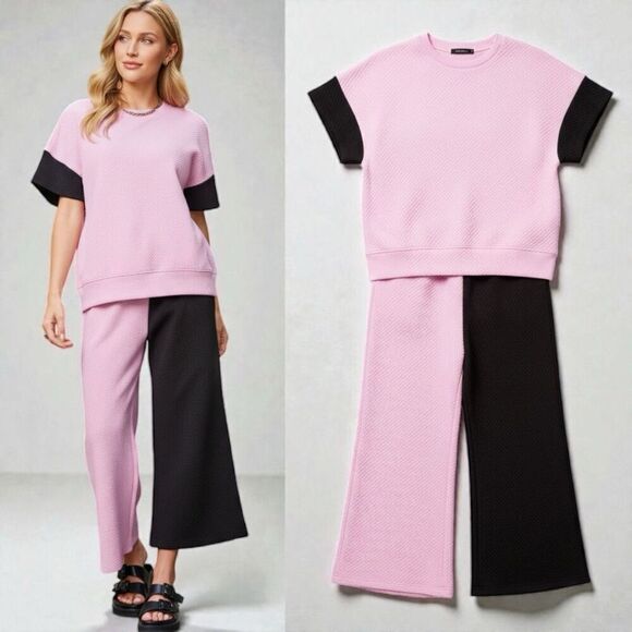 Double Take Pants - Pink & Black Texture Contrast T-Shirt and Wide Leg Pants Lounge Set NWT